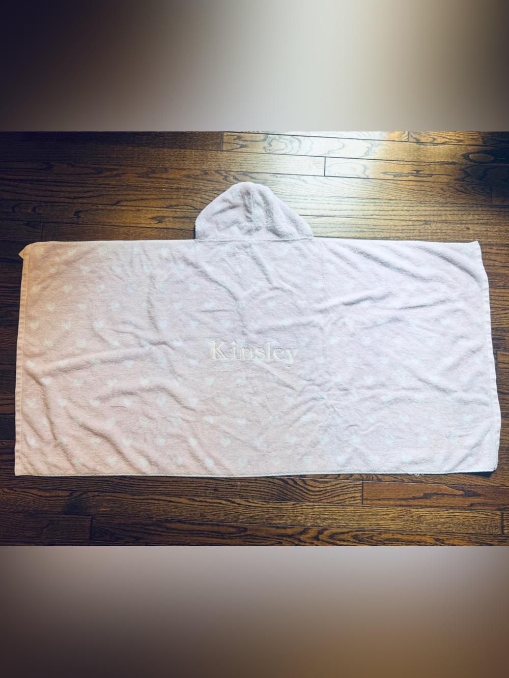 Pottery Barn Kids Pink Hooded Towel with White Hearts “Kinsley” embroidered